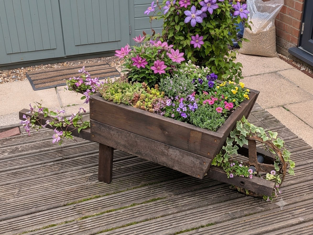 Wooden wheelbarrow planter filled with vibrant flowers